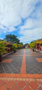 an empty street with palm trees and a cloudy sky at Hostal Familiar Casa de Quincha in Las Tablas +23 photos