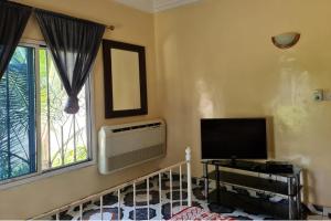 a living room with a television and a window at 4 Bed House Sleeps 8 - Garden and Pets Welcome in Brikama