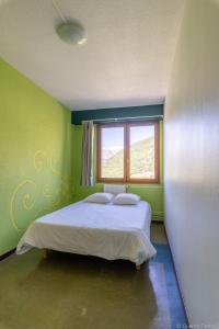 a bedroom with a bed with green walls and a window at Auberge de jeunesse HI Valmeinier in Valmeinier