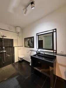 Un baño con lavabo, inodoro y espejo. en PAP'S Chambres d'Hôtes, en Mahajanga