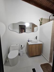 a bathroom with a toilet and a sink and a mirror at Casa luz in Medellín