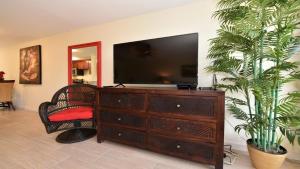 a living room with a television on a dresser at Kaleialoha 401 · KA 401 Spacious Studio w Mountain View Pool AC in Kahana