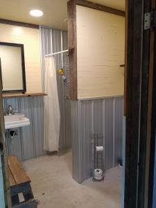 a bathroom with a shower and a sink at Off-Grid Creekside Tent Ideal for a Glamping Experience in Cosby, Tennessee in Cosby
