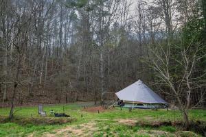 a tent in a field in the woods at Off-Grid Creekside Tent Ideal for a Glamping Experience in Cosby, Tennessee in Cosby