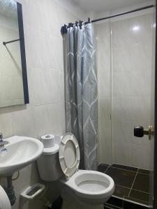 een badkamer met toilet, wastafel en douche bij Hotel Boutique 51 in Barrancabermeja