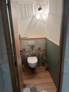 a bathroom with a toilet in the middle of a room at bulles et détente in Seuil +16 photos