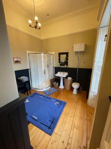 a bathroom with a blue mat on the floor at Ballynacree House and Cottages in Balnamore