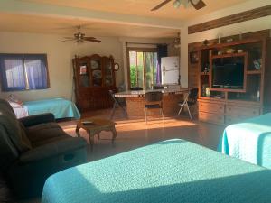 ein Schlafzimmer mit einem Wohnzimmer mit einem Sofa und einem TV in der Unterkunft Casitas Las Palmas - La Brisa in Punta Mita