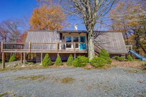 una casa con un terrazzo e un gatto sul tetto di 2 Mi to Beech Mtn Resort Family Home with Hot Tub! a Beech Mountain