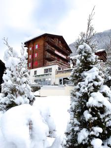 un edificio con árboles nevados delante de él en Hotel Capricorn, en Zermatt