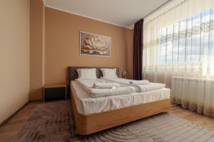 een slaapkamer met een bed en een groot raam bij Rila Sunshine Apartment in Samokov