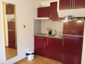 a kitchen with red cabinets and a sink at Le briochin in Saint-Brieuc