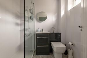 a bathroom with a toilet and a sink and a shower at Dreelside Escape - No 15 in Anstruther