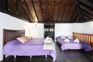 TanqueにあるCasa Rural El Naranjeroの紫色のシーツと枕が備わる客室内のベッド2台