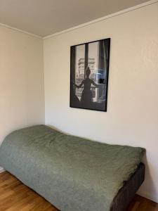 a bedroom with a bed and a picture on the wall at Central apartment in Takelvlia! in Moen