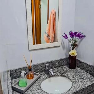 a bathroom counter with a sink and a mirror at Apartamento Paraíso Refúgio - Manoah Beach Flats in Maragogi