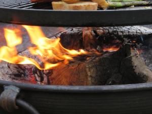 a fire is burning in a grill with bread at Hebog Glamping Lodge in Talybont