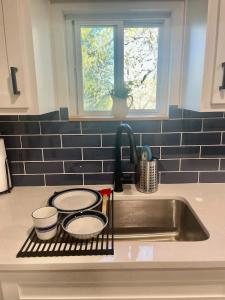 un bancone da cucina con un lavello con tre pentole di Cozy Cottage - Lakeview a Marmaros