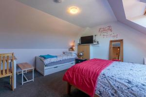 ein Schlafzimmer mit einem Bett und einem Fernseher an der Wand in der Unterkunft Burnside Cottage & Caravan Woodend in Portree