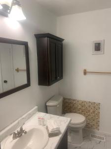 een badkamer met een wastafel, een toilet en een spiegel bij Napaeno's Place - Home Away from Home in Kingston +10 foto's