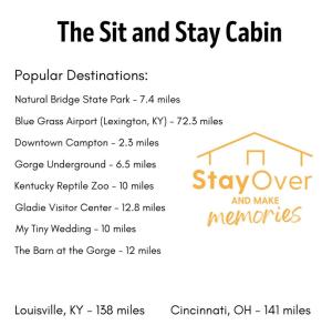 eine Liste der Logos für Set und Aufenthalt in der Unterkunft Hot Tub - Sit and Stay Cabin in Red River Gorge KY in High Falls