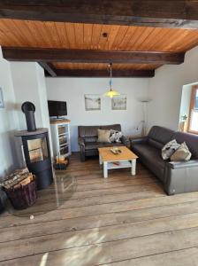 - un salon avec un canapé et un poêle à bois dans l'établissement Haus am Meer, à Fehmarnsund