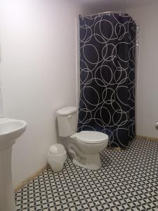 a bathroom with a toilet and a black shower curtain at La Verbena House in Viña del Mar