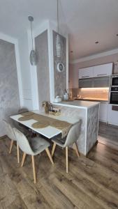 a kitchen with a table and chairs in a room at Moderní apartmán v blízkosti centra,Wifi,Netflix in Hradec Králové