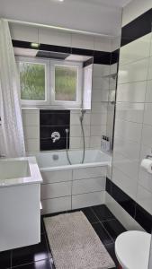 a bathroom with a tub and a toilet and a sink at Moderní apartmán v blízkosti centra,Wifi,Netflix in Hradec Králové