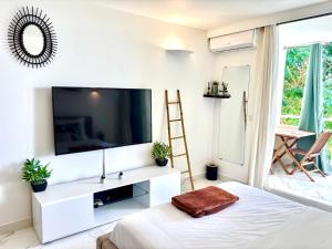 una camera da letto con una grande TV su una parete bianca di Studio bohème a La Trinité