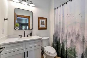 a bathroom with a sink and a toilet and a shower curtain at Beech Blessings in Beech Mountain +54 photos