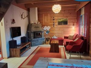 a living room with a couch and a fireplace at AnriStar in Äkäslompolo