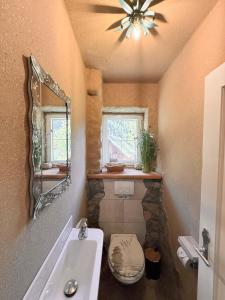 a bathroom with a sink and a toilet and a mirror at Sonnenplatz Appartment Ploninger NATUR in Bad Kleinkirchheim