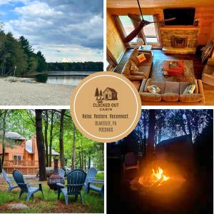 a collage of photos with a cabin and a fire at Cozy Poconos Cabin in Blakeslee