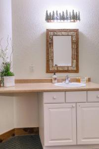 a bathroom with a sink and a mirror at The Loose Moose Lodge #2 At Downtown Grand Lake in Grand Lake +17 photos