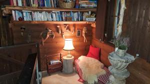 une chambre avec une lampe et une étagère avec des livres dans l'établissement Chalet Chnorz Hosted Lodge, à Nesslau