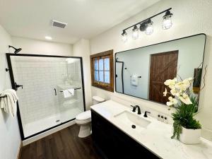 a bathroom with a sink and a toilet and a mirror at The Loose Moose Cabin #10 At Downtown Grand Lake in Grand Lake +26 photos