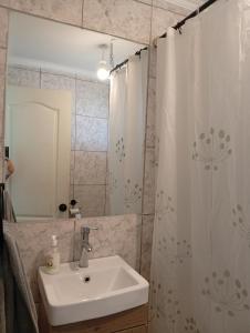 a bathroom with a sink and a shower curtain at Cabaña con vista al mar in Tomé