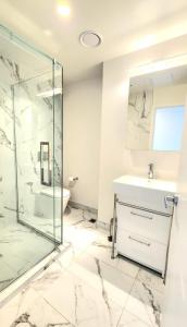 Un baño con ducha de cristal y lavabo. en CBD luxury Apartments Union green with sea view, en Auckland