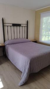 ein Schlafzimmer mit einem Bett mit einer lila Decke darauf in der Unterkunft La Comarca Tinyhouse Monoambiente in Puerto Iguazú