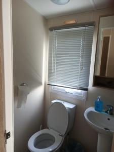 a small bathroom with a toilet and a sink at Home from home Kingfisher caravan park in Skegness