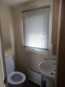 a small bathroom with a toilet and a sink at Home from home Kingfisher caravan park in Skegness +1 photo