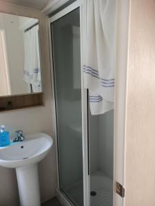 a bathroom with a shower and a sink and a toilet at Home from home Kingfisher caravan park in Skegness