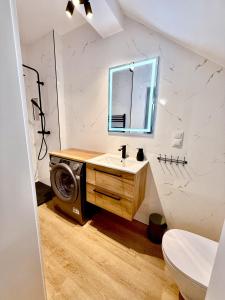 a bathroom with a sink and a washing machine at Apartament Kaszmir in Kętrzyn