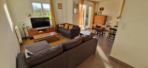 uma sala de estar com um sofá e uma televisão em Chambre accueillante em Prévessin