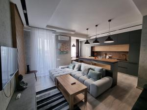 a living room with a couch and a table at Diplomat Lev Tolstoi 74 street Apartments in Chişinău