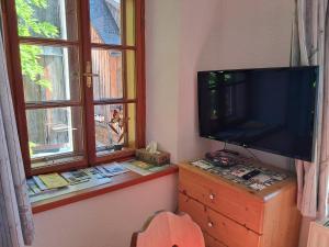 a television sitting on a dresser next to a window at Haus Franziska in Hallstatt