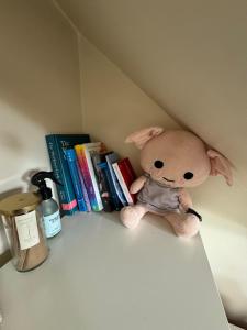 a teddy bear sitting on a shelf next to books at Central London double bed apartment Free Parking Incl Stays upto 6 in London