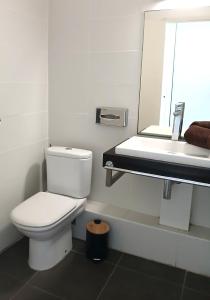 a bathroom with a toilet and a sink and a mirror at Studio Le Sablé in Îlet à Christophe