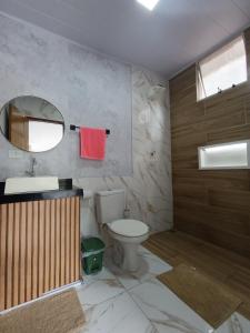 a bathroom with a toilet and a sink and a mirror at Apartment on the 3rd floor, 10 minutes from the beach, railway and bus station in Vila Velha